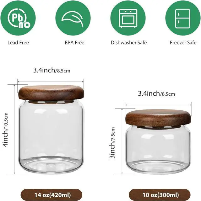 Alt view image 2 of 6 - 1 PC Small Glass Storage Jars with Airtight Lids, 10 fl oz (300ml) coffee container with Wooden Lid, Glass Pantry Canister for Beans, Rice, Sugar and etc