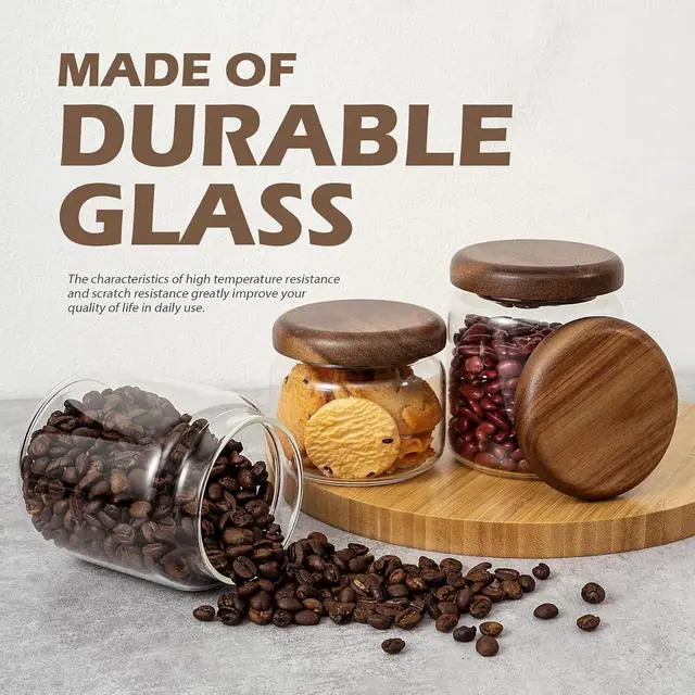 Alt view image 4 of 6 - 1 PC Small Glass Storage Jars with Airtight Lids, 10 fl oz (300ml) coffee container with Wooden Lid, Glass Pantry Canister for Beans, Rice, Sugar and etc