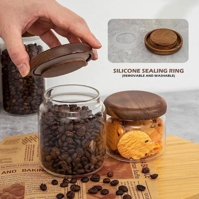 Alt view image 3 of 6 - 1 PC Small Glass Storage Jars with Airtight Lids, 10 fl oz (300ml) coffee container with Wooden Lid, Glass Pantry Canister for Beans, Rice, Sugar and etc