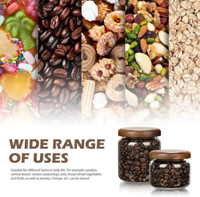 Alt view image 5 of 6 - 1 PC Small Glass Storage Jars with Airtight Lids, 10 fl oz (300ml) coffee container with Wooden Lid, Glass Pantry Canister for Beans, Rice, Sugar and etc
