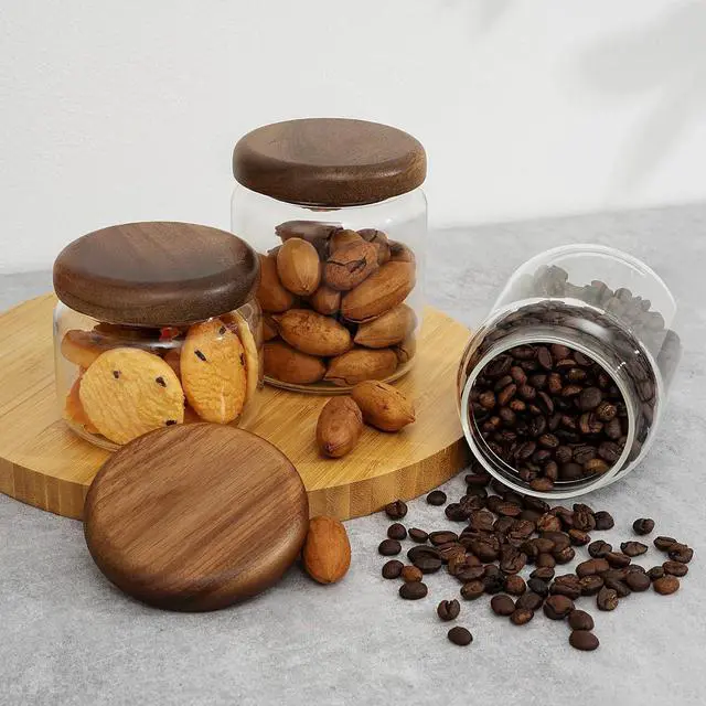 Alt view image 6 of 6 - 1 PC Small Glass Storage Jars with Airtight Lids, 10 fl oz (300ml) coffee container with Wooden Lid, Glass Pantry Canister for Beans, Rice, Sugar and etc