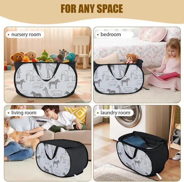 Alt view image 7 of 7 - Stuffed Animal Storage Basket with Zipper Lid -Collapsible Toy Basket Black | Animal Print Toy Basket Bin, Foldable, Lightweight, Sturdy Fabric, Easy-Carry Handles, for Kids Room, Nursery, Playroom