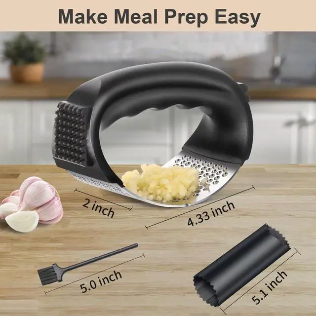 Alt view image 2 of 7 - Garlic Press Rocker - Stainless Steel Garlic Mincer, Garlic Chopper, Garlic Crusher with Garlic Peeler and Cleaning Brush for Effortless Smashing Garlic.