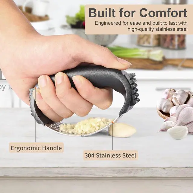 Alt view image 3 of 7 - Garlic Press Rocker - Stainless Steel Garlic Mincer, Garlic Chopper, Garlic Crusher with Garlic Peeler and Cleaning Brush for Effortless Smashing Garlic.