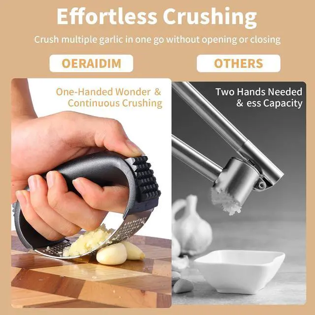 Alt view image 6 of 7 - Garlic Press Rocker - Stainless Steel Garlic Mincer, Garlic Chopper, Garlic Crusher with Garlic Peeler and Cleaning Brush for Effortless Smashing Garlic.