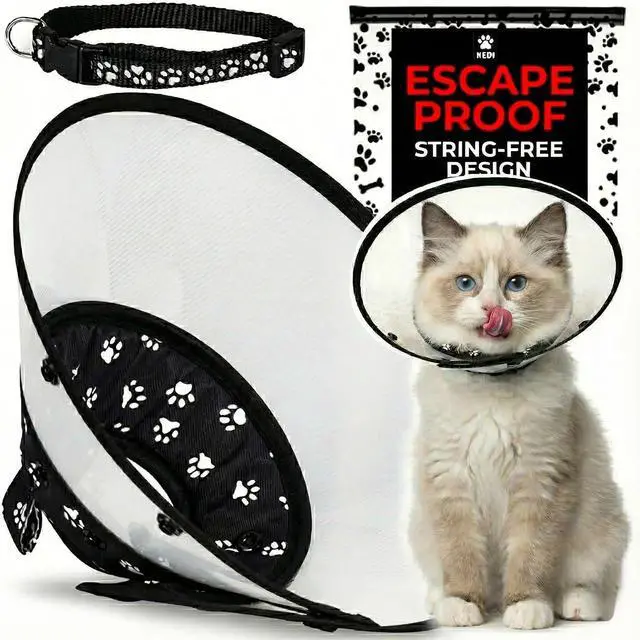 Main image of Cat Cone Collar After Surgery to Stop Licking, Escape-Proof, Black Small | Soft Padded Neck, 180 Clear View, Quiet Button Closure, Adjustable Fit for Kittens and Adult Cats