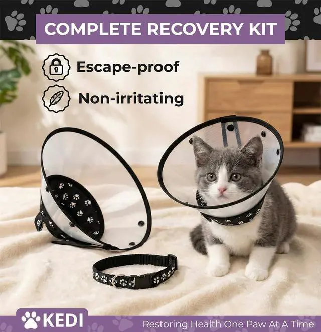 Alt view image 4 of 7 - Cat Cone Collar After Surgery to Stop Licking, Escape-Proof, Black Small | Soft Padded Neck, 180 Clear View, Quiet Button Closure, Adjustable Fit for Kittens and Adult Cats