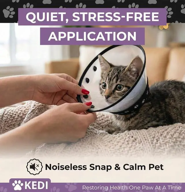 Alt view image 6 of 7 - Cat Cone Collar After Surgery to Stop Licking, Escape-Proof, Black Small | Soft Padded Neck, 180 Clear View, Quiet Button Closure, Adjustable Fit for Kittens and Adult Cats