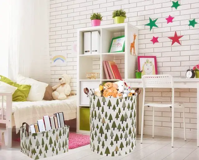 Alt view image 3 of 6 - Rectangular Canvas Storage Bins,Waterproof Storage Basket,Collapsible Tree Organizer Bin with Handles for Clothes Storage,Book Bag (Tree)