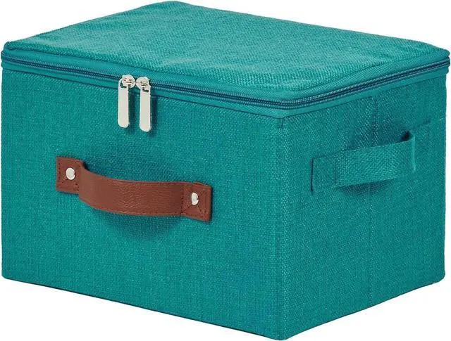 Main image of Storage Bins with Zipper Lids Decorative Lidded Baskets Boxes | Clothes Container, Closet Shelf Organizer, Foldable Washable, Cotton Linen Fabric, w/ PU Leather Handles, Teal Blue, Small