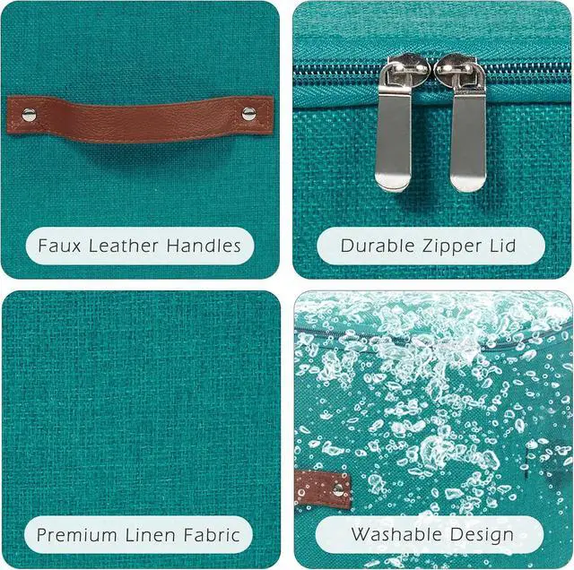 Alt view image 2 of 7 - Storage Bins with Zipper Lids Decorative Lidded Baskets Boxes | Clothes Container, Closet Shelf Organizer, Foldable Washable, Cotton Linen Fabric, w/ PU Leather Handles, Teal Blue, Small