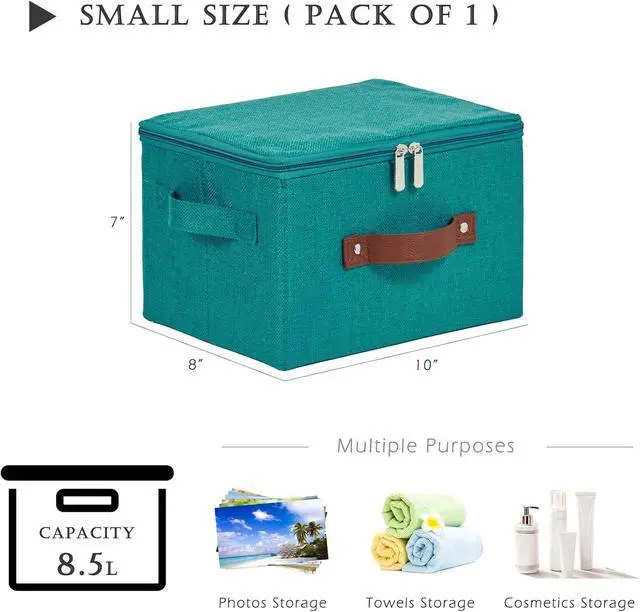 Alt view image 3 of 7 - Storage Bins with Zipper Lids Decorative Lidded Baskets Boxes | Clothes Container, Closet Shelf Organizer, Foldable Washable, Cotton Linen Fabric, w/ PU Leather Handles, Teal Blue, Small