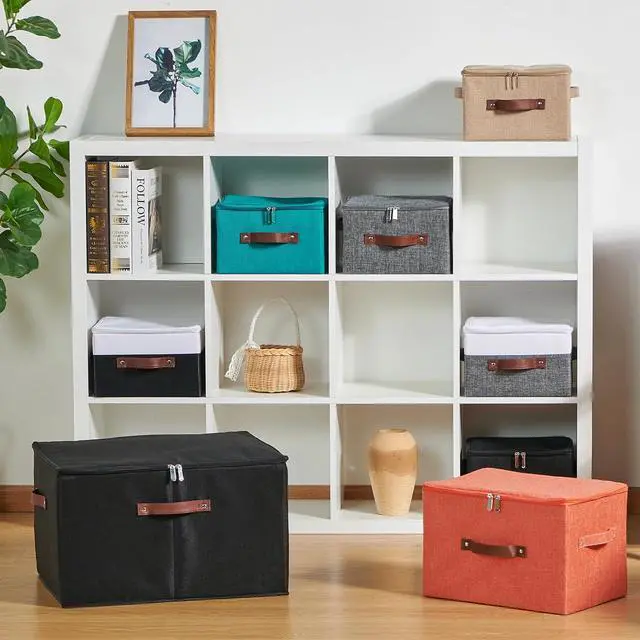Alt view image 5 of 7 - Storage Bins with Zipper Lids Decorative Lidded Baskets Boxes | Clothes Container, Closet Shelf Organizer, Foldable Washable, Cotton Linen Fabric, w/ PU Leather Handles, Teal Blue, Small