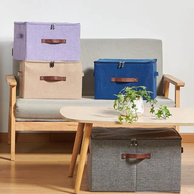 Alt view image 7 of 7 - Storage Bins with Zipper Lids Decorative Lidded Baskets Boxes | Clothes Container, Closet Shelf Organizer, Foldable Washable, Cotton Linen Fabric, w/ PU Leather Handles, Teal Blue, Small