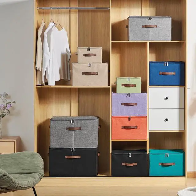 Alt view image 6 of 7 - Storage Bins with Zipper Lids Decorative Lidded Baskets Boxes | Clothes Container, Closet Shelf Organizer, Foldable Washable, Cotton Linen Fabric, w/ PU Leather Handles, Teal Blue, Small