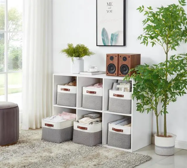 Alt view image 2 of 7 - DECOMOMO Storage Bins, Large Fabric Storage Baskets for Shelves 1 Pack | 15 x 11 x 9.5 inches Decorative Linen Closet Organizers (Grey & White)