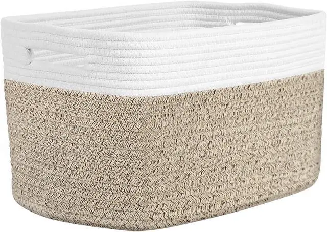 Main image of Storage Baskets for Organizing, 14 x 10 x 9 Closet Shelf Woven Baskets, Square Bins with Handles, Cotton Rope Basket for Clothes, Office, Room, White+Rice Brown 1 Pack