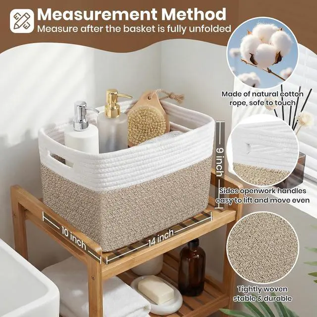 Alt view image 2 of 7 - Storage Baskets for Organizing, 14 x 10 x 9 Closet Shelf Woven Baskets, Square Bins with Handles, Cotton Rope Basket for Clothes, Office, Room, White+Rice Brown 1 Pack
