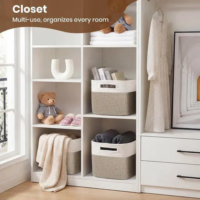Alt view image 4 of 7 - Storage Baskets for Organizing, 14 x 10 x 9 Closet Shelf Woven Baskets, Square Bins with Handles, Cotton Rope Basket for Clothes, Office, Room, White+Rice Brown 1 Pack
