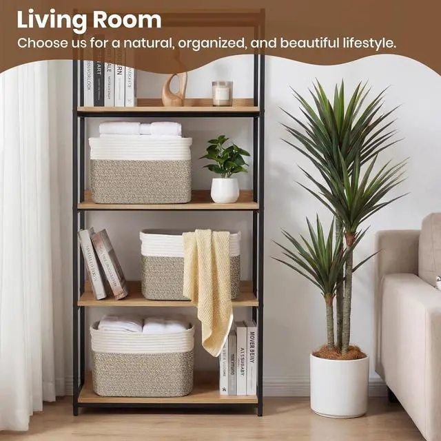 Alt view image 3 of 7 - Storage Baskets for Organizing, 14 x 10 x 9 Closet Shelf Woven Baskets, Square Bins with Handles, Cotton Rope Basket for Clothes, Office, Room, White+Rice Brown 1 Pack