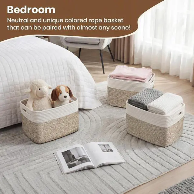 Alt view image 5 of 7 - Storage Baskets for Organizing, 14 x 10 x 9 Closet Shelf Woven Baskets, Square Bins with Handles, Cotton Rope Basket for Clothes, Office, Room, White+Rice Brown 1 Pack