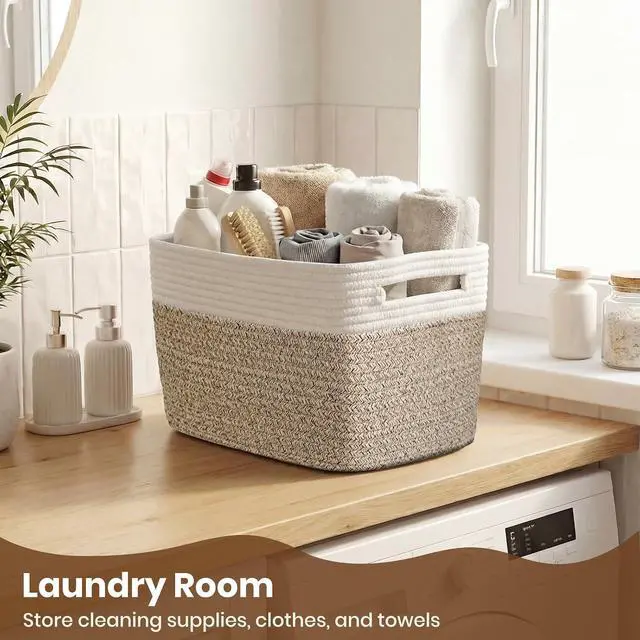Alt view image 6 of 7 - Storage Baskets for Organizing, 14 x 10 x 9 Closet Shelf Woven Baskets, Square Bins with Handles, Cotton Rope Basket for Clothes, Office, Room, White+Rice Brown 1 Pack