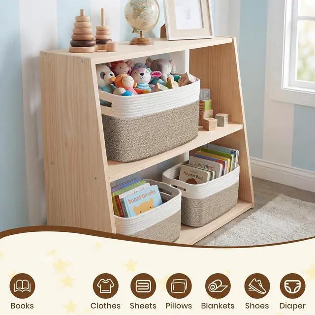 Alt view image 7 of 7 - Storage Baskets for Organizing, 14 x 10 x 9 Closet Shelf Woven Baskets, Square Bins with Handles, Cotton Rope Basket for Clothes, Office, Room, White+Rice Brown 1 Pack