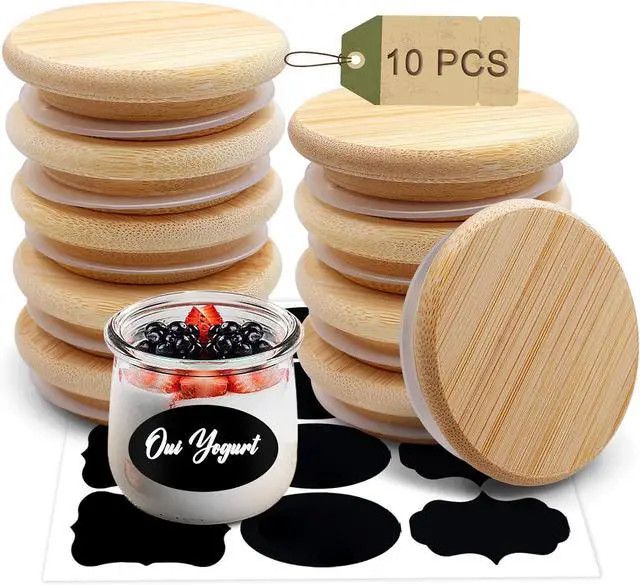 Main image of Oui Yogurt Jar Lids, Cymuber Leak Proof Wooden Lids Set with Silicone Sealing Rings, Reusable Natural Bamboo Canning Lids Covers with Bottle Label for 5 Oz Oui Yogurt Jars Storage (10 Pack)