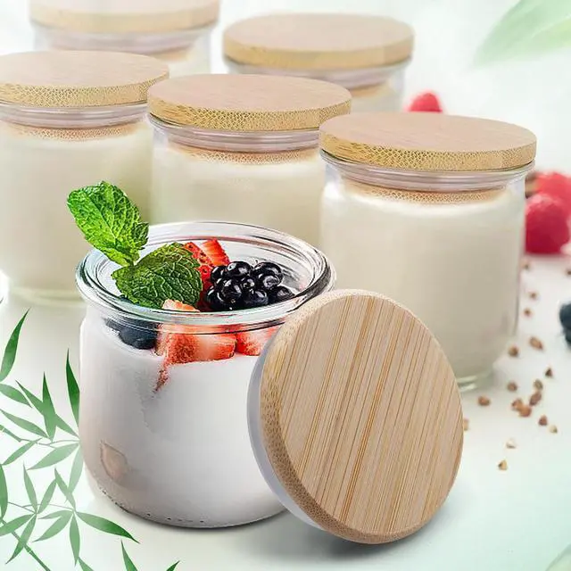 Alt view image 2 of 7 - Oui Yogurt Jar Lids, Cymuber Leak Proof Wooden Lids Set with Silicone Sealing Rings, Reusable Natural Bamboo Canning Lids Covers with Bottle Label for 5 Oz Oui Yogurt Jars Storage (10 Pack)