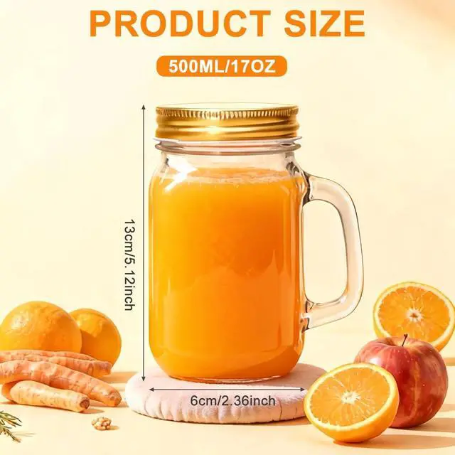 Alt view image 2 of 7 - 480ml/16oz Empty Clear Glass Mason Jar Mugs Tumbler with Handle and Metal Screw Cap Drinking Glasses Beer Glassware Drinking Cups for Milk Tea Cocktail Smoothies Beverages