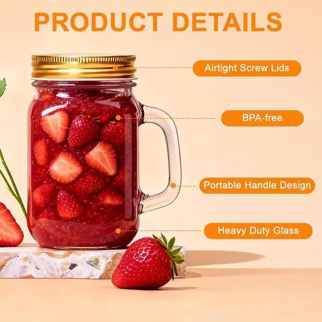 Alt view image 3 of 7 - 480ml/16oz Empty Clear Glass Mason Jar Mugs Tumbler with Handle and Metal Screw Cap Drinking Glasses Beer Glassware Drinking Cups for Milk Tea Cocktail Smoothies Beverages