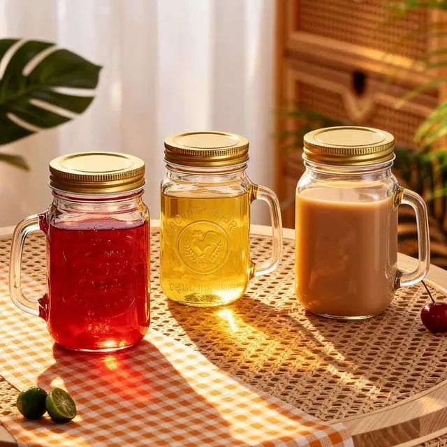 Alt view image 7 of 7 - 480ml/16oz Empty Clear Glass Mason Jar Mugs Tumbler with Handle and Metal Screw Cap Drinking Glasses Beer Glassware Drinking Cups for Milk Tea Cocktail Smoothies Beverages