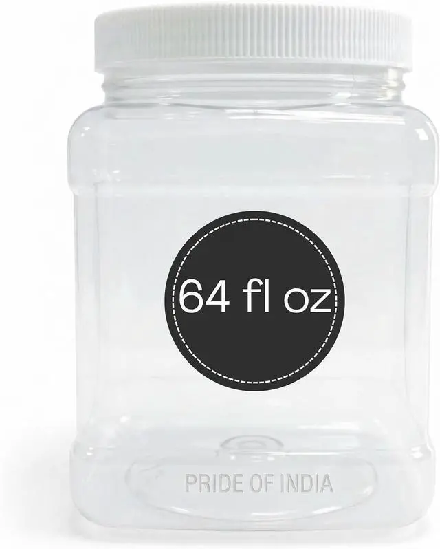 Main image of Clear Food Grade PET Plastic Square Grip Storage Jar w/Cap | 64 Fluid Ounces 7-8 Cup Storage Capacity | BPA Free USA Made | by Pride Of India