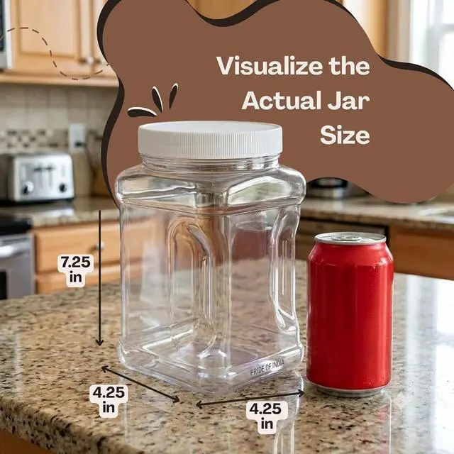 Alt view image 2 of 7 - Clear Food Grade PET Plastic Square Grip Storage Jar w/Cap | 64 Fluid Ounces 7-8 Cup Storage Capacity | BPA Free USA Made | by Pride Of India