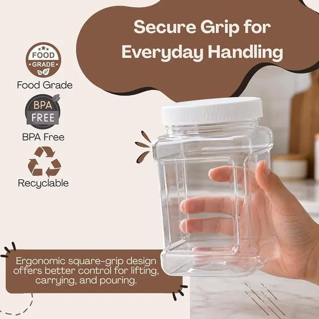 Alt view image 3 of 7 - Clear Food Grade PET Plastic Square Grip Storage Jar w/Cap | 64 Fluid Ounces 7-8 Cup Storage Capacity | BPA Free USA Made | by Pride Of India
