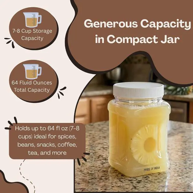 Alt view image 5 of 7 - Clear Food Grade PET Plastic Square Grip Storage Jar w/Cap | 64 Fluid Ounces 7-8 Cup Storage Capacity | BPA Free USA Made | by Pride Of India