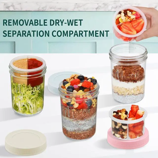 Alt view image 2 of 7 - Xyptorix 16oz Overnight Oats Containers with Lids, 2 Pack Glass Mason Jars | Airtight Overnight Oats Containers with Separate Compartments, Wide Mouth Mason Jars for Chia Seed Pudding, Yogurt Parfait