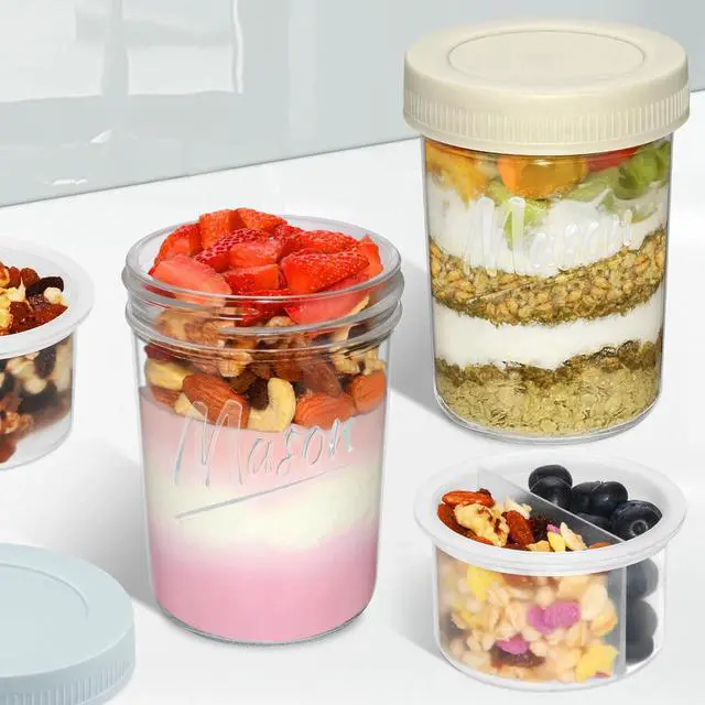 Alt view image 7 of 7 - Xyptorix 16oz Overnight Oats Containers with Lids, 2 Pack Glass Mason Jars | Airtight Overnight Oats Containers with Separate Compartments, Wide Mouth Mason Jars for Chia Seed Pudding, Yogurt Parfait