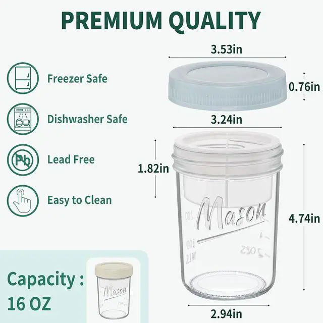 Alt view image 6 of 7 - Xyptorix 16oz Overnight Oats Containers with Lids, 2 Pack Glass Mason Jars | Airtight Overnight Oats Containers with Separate Compartments, Wide Mouth Mason Jars for Chia Seed Pudding, Yogurt Parfait