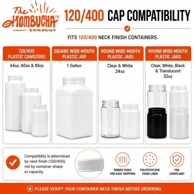 Alt view image 3 of 7 - 120mm (4 7/8 ") Fit - (1 Pack) Large White Plastic Lids for 1 Gallon Wide Mouth Glass & Plastic Jars PE Foam Liner, Food-Grade, Leak-Resistant Caps (Jars Not Included) by The Kombucha Company