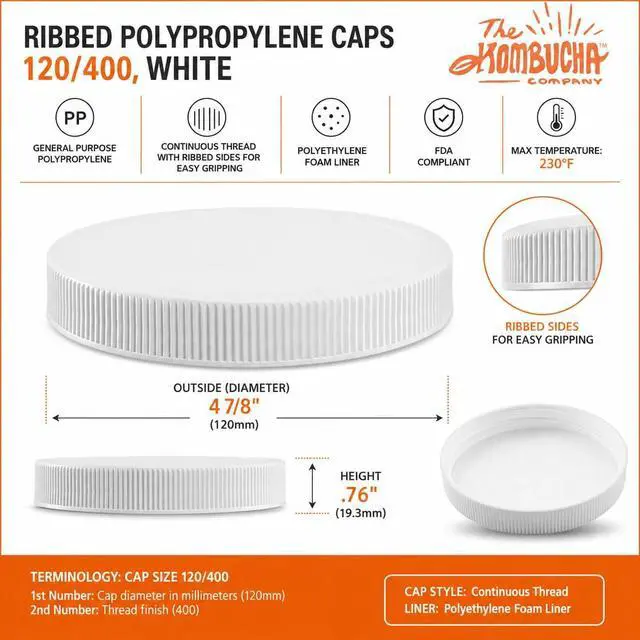 Alt view image 2 of 7 - 120mm (4 7/8 ") Fit - (1 Pack) Large White Plastic Lids for 1 Gallon Wide Mouth Glass & Plastic Jars PE Foam Liner, Food-Grade, Leak-Resistant Caps (Jars Not Included) by The Kombucha Company