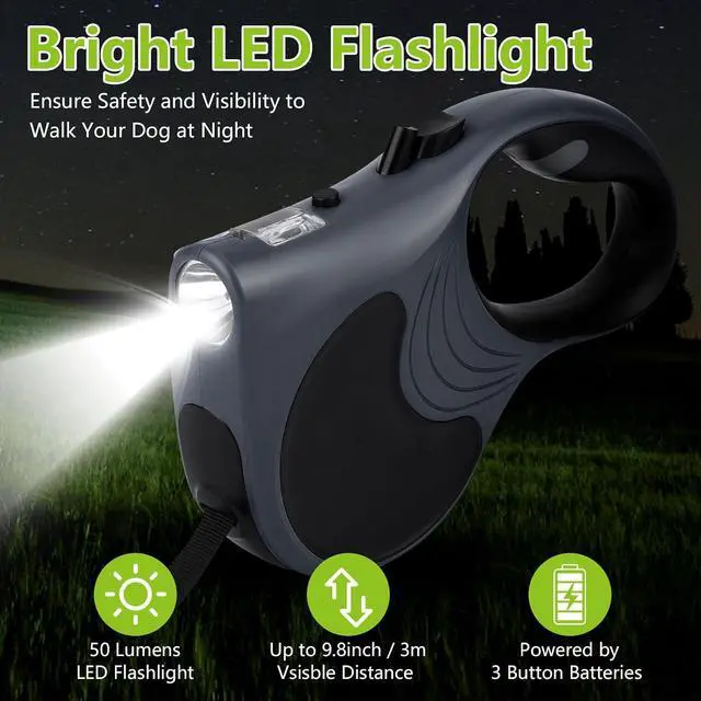 Alt view image 6 of 7 - Retractable Dog Leash with Flashlight, 16ft Dog Walking Leash for Dogs up to 77lbs, 360° Tangle-Free Nylonup Leash, Anti-Slip Handle - Grey