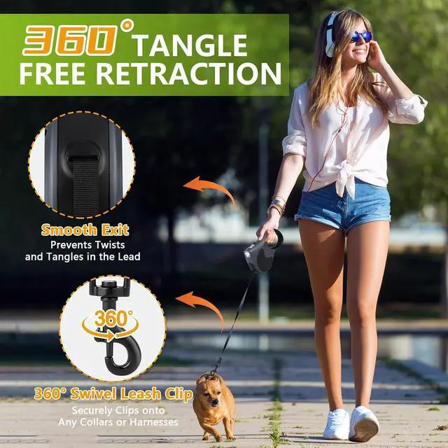 Alt view image 7 of 7 - Retractable Dog Leash with Flashlight, 16ft Dog Walking Leash for Dogs up to 77lbs, 360° Tangle-Free Nylonup Leash, Anti-Slip Handle - Grey