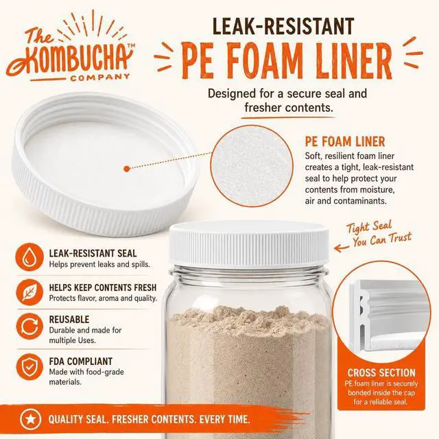Alt view image 7 of 7 - 120mm (4 7/8 ") Fit - (1 Pack) Large White Plastic Lids for 1 Gallon Wide Mouth Glass & Plastic Jars PE Foam Liner, Food-Grade, Leak-Resistant Caps (Jars Not Included) by The Kombucha Company
