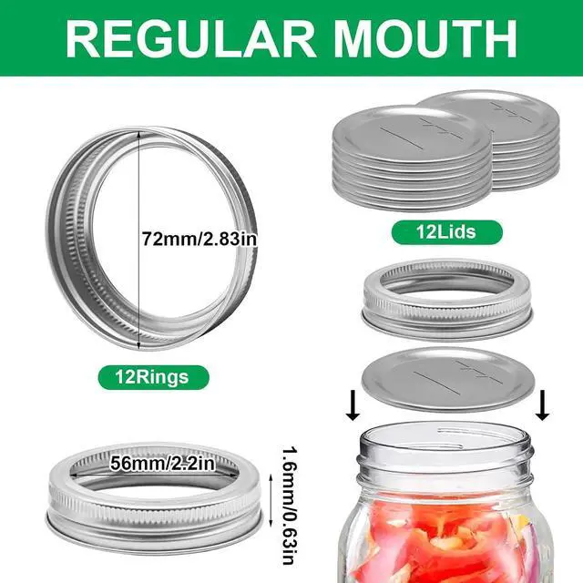 Alt view image 2 of 7 - Canning Lids with Rings (12Lids + 12Rings for Regular Mouth Jar) | Canning Lids and Bands/Rings for Mason Jar, Ball or Kerr Jars, Split-type Metal Lids with Silicone Seals Rings Leak Proof