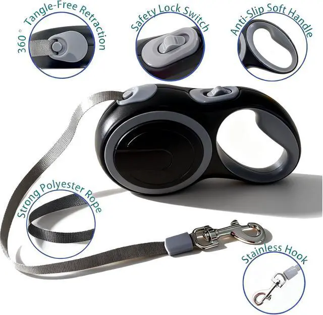 Alt view image 3 of 7 - Retractable Dog Leash 16 FT Walking Leash Up to 44 lb, 360° Tangle-Free Dog Leashe, Strong Nylon Tape No Tangle, Explosion-Proof Carabiner, Anti-Slip Handle (Black, 16FT)