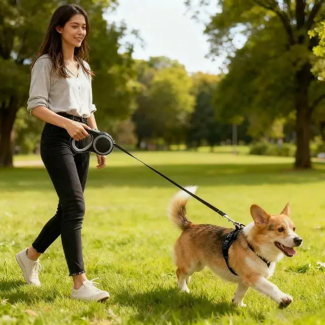 Alt view image 7 of 7 - Retractable Dog Leash 16 FT Walking Leash Up to 44 lb, 360° Tangle-Free Dog Leashe, Strong Nylon Tape No Tangle, Explosion-Proof Carabiner, Anti-Slip Handle (Black, 16FT)