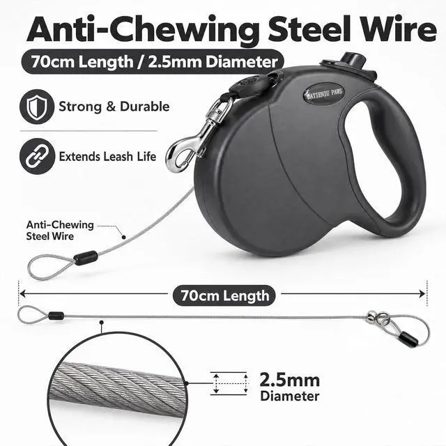 Alt view image 2 of 7 - 13FT Retractable Dog Leash for Small Dogs up to 22lbs with Chew Proof Steel Wire Extender, Lightweight, Durable & Safe Walking Solution Black S