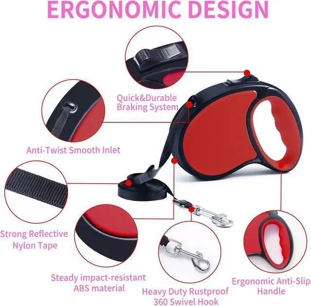Alt view image 5 of 6 - Retractable Dog Leash 16Ft/5M for Small Medium Dogs, Red
