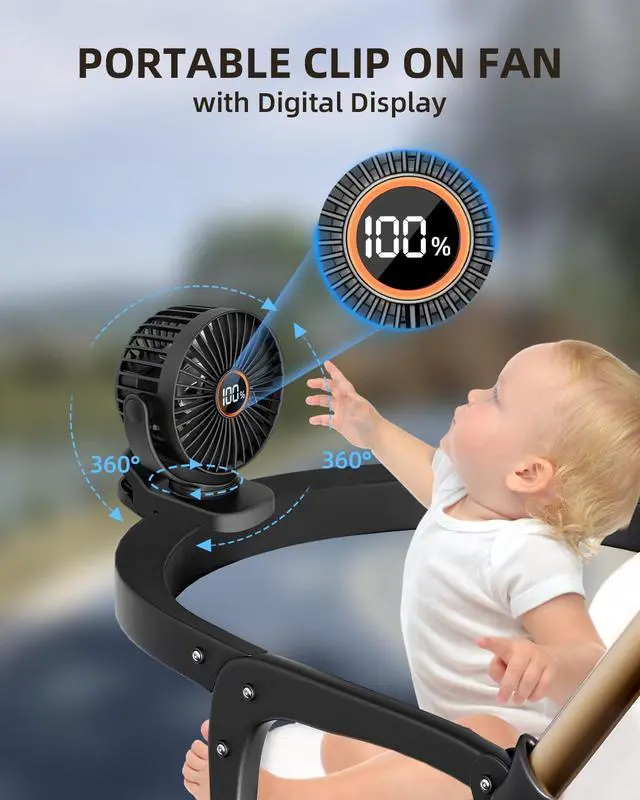 Alt view image 2 of 7 - TUNISE Mini Clip on Fan, Battery Operated Desk Fan, Digital display3 Speeds Adjustable, Bidirectional 360 ° Adjustable, Super Strong Wind, Portable Fan for Home Office Stroller Camping Black